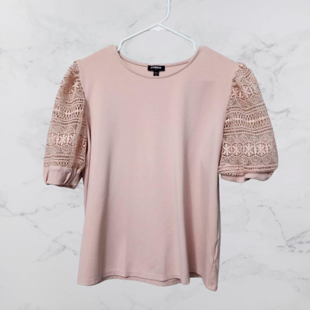 Express Blush Pink Crochet Lace Puff Sleeve Knit Top Medium